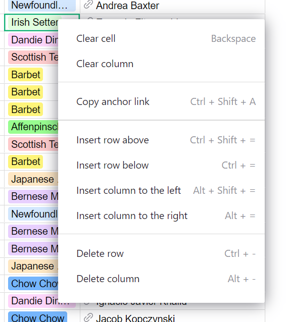 Cell Context Menu